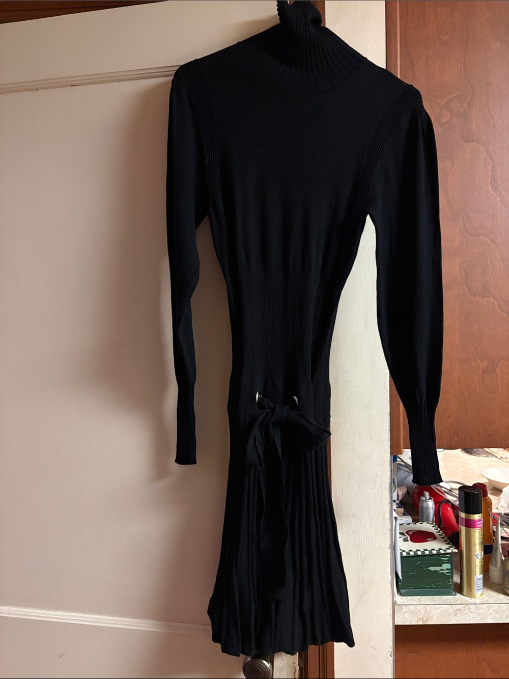 VENUS Black Ribbed Turtleneck Tie-Back Midi Dress